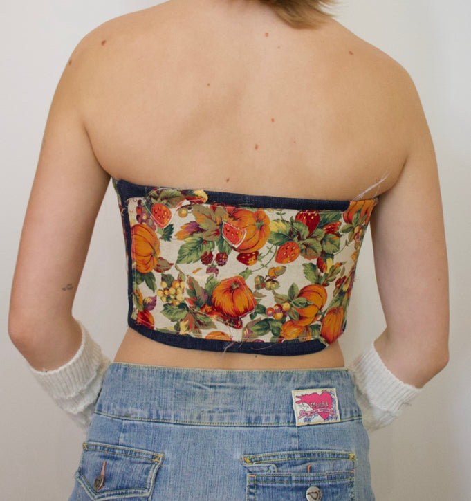 Reversible green/orange/denim corset top