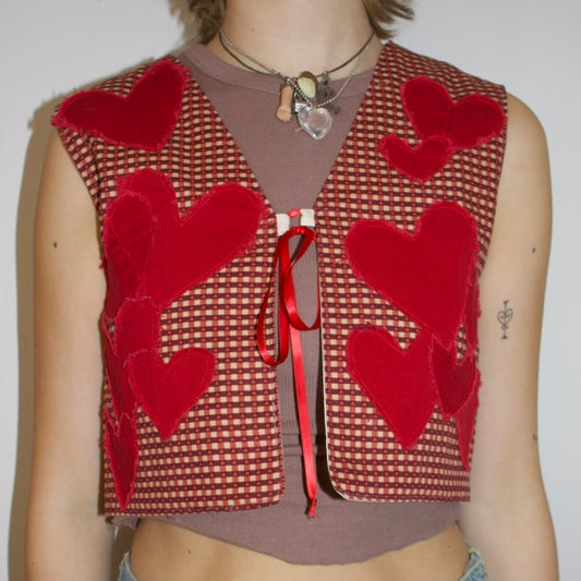 Red plaid patchwork heart vest